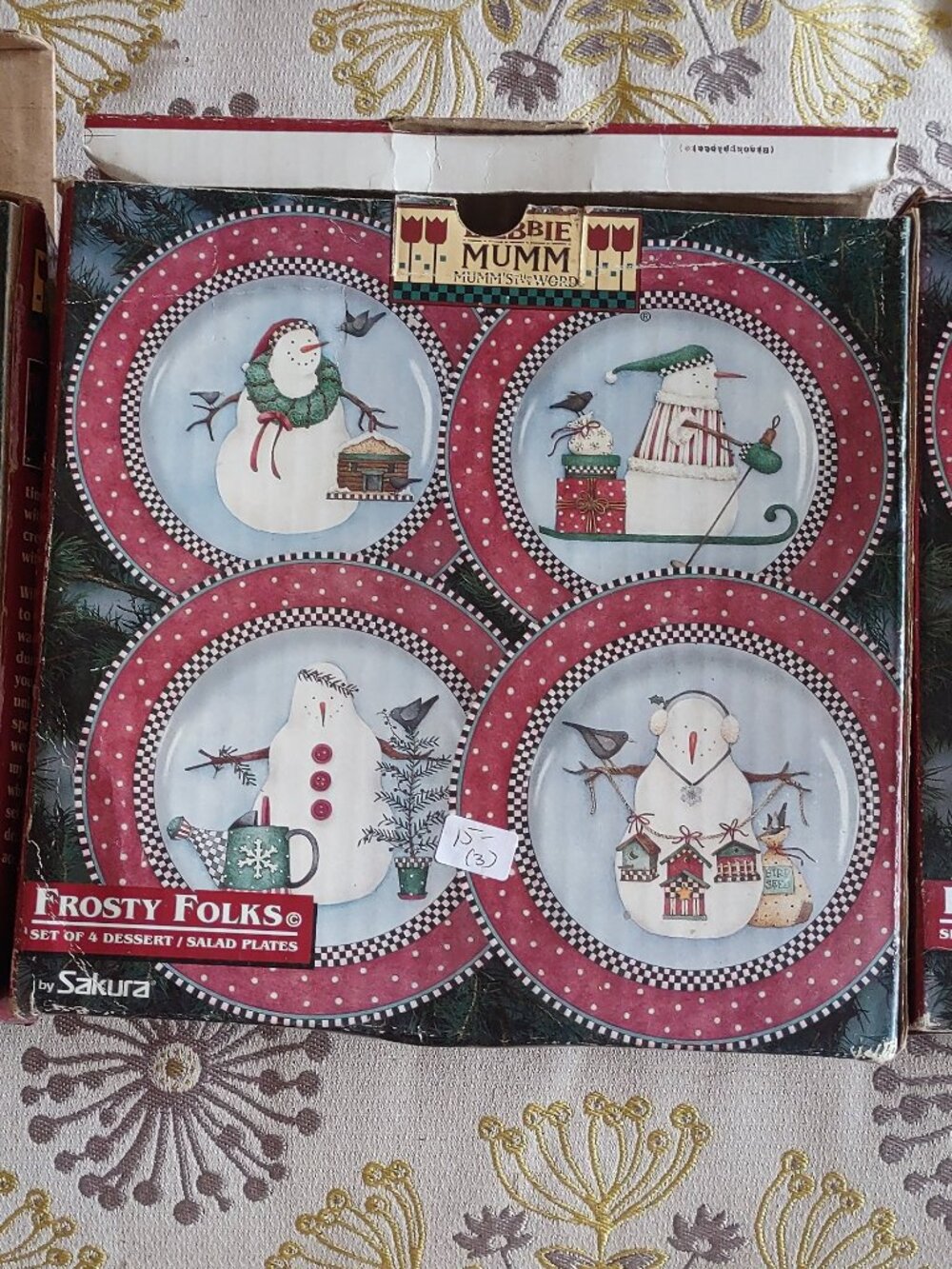 Vintage Sakura "Frosty Folks" Set of 4 Debbie Mumm Stoneware Plates With Snowman
